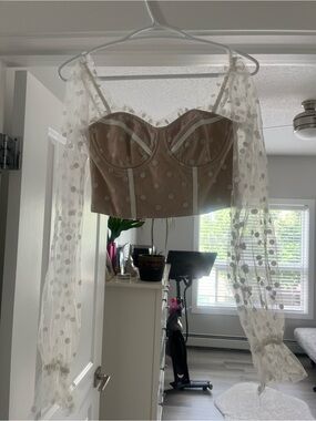 Sheer Puff-Sleeve Polka Dot Crop Top in Beige